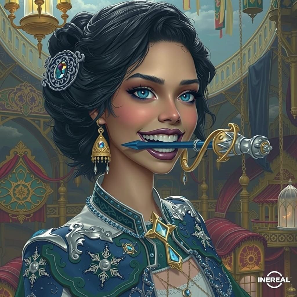 Regal Woman Bares Fang-Like Metal Staff in Futuristic Fantas...