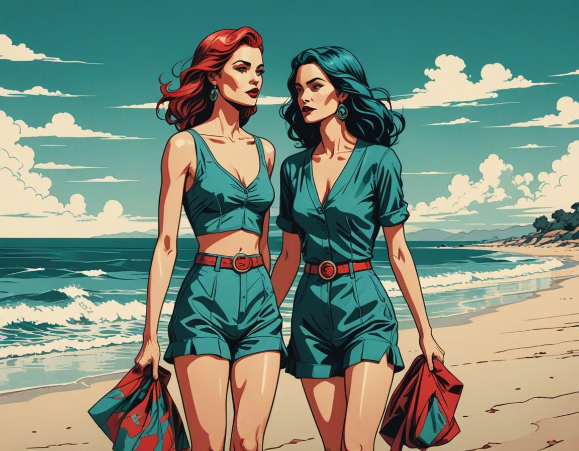 Pop Art Serigraphy: Two Women on a Beach in Red and Teal
