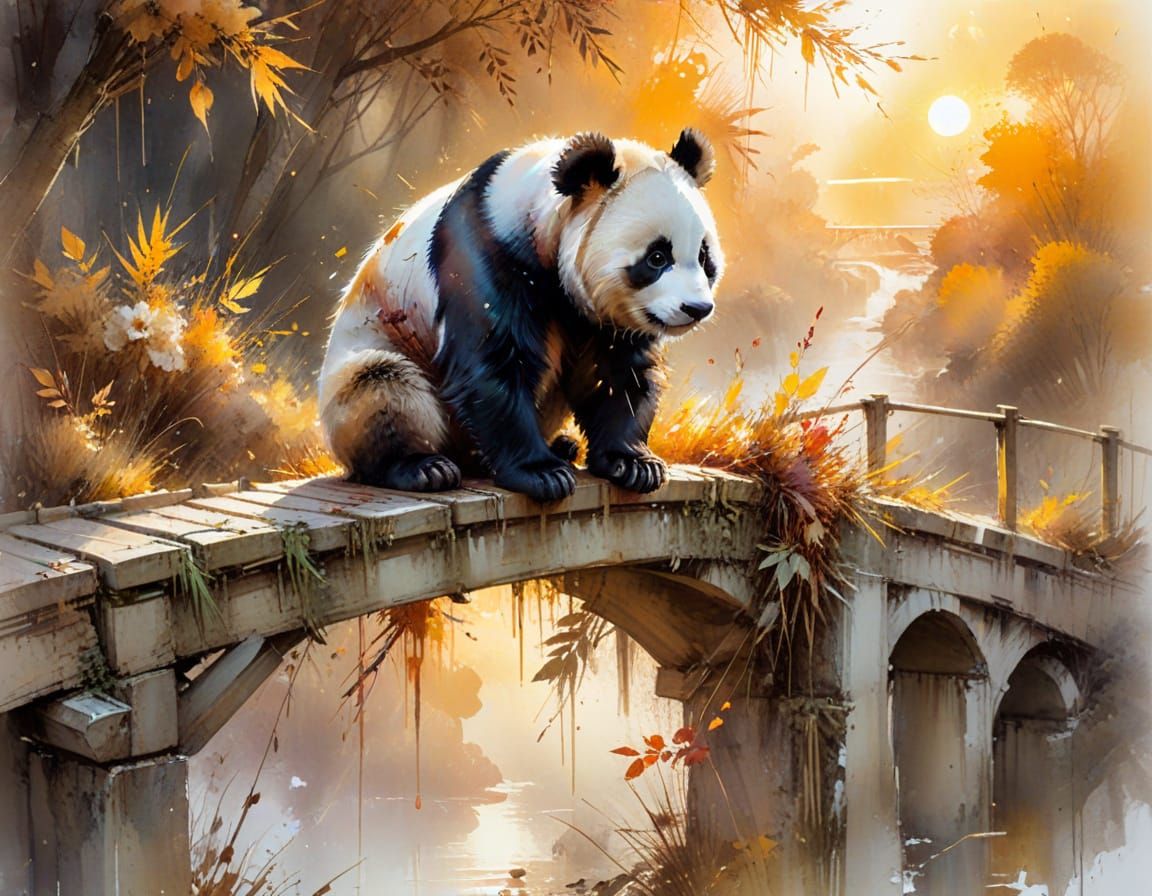 Panda on Bridge Between Seasons, in Watercolour Style
