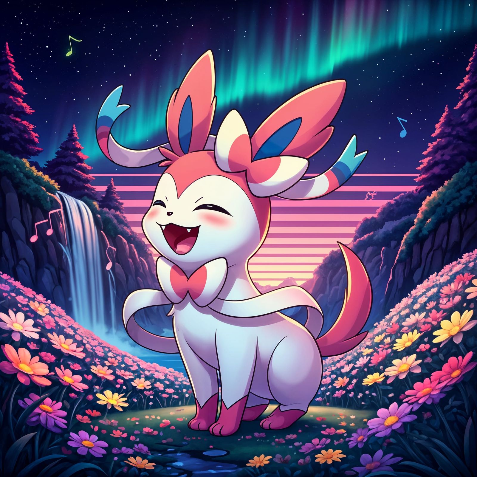 Chibi Sylveon Singing in Lush Valley Under Northern Lights