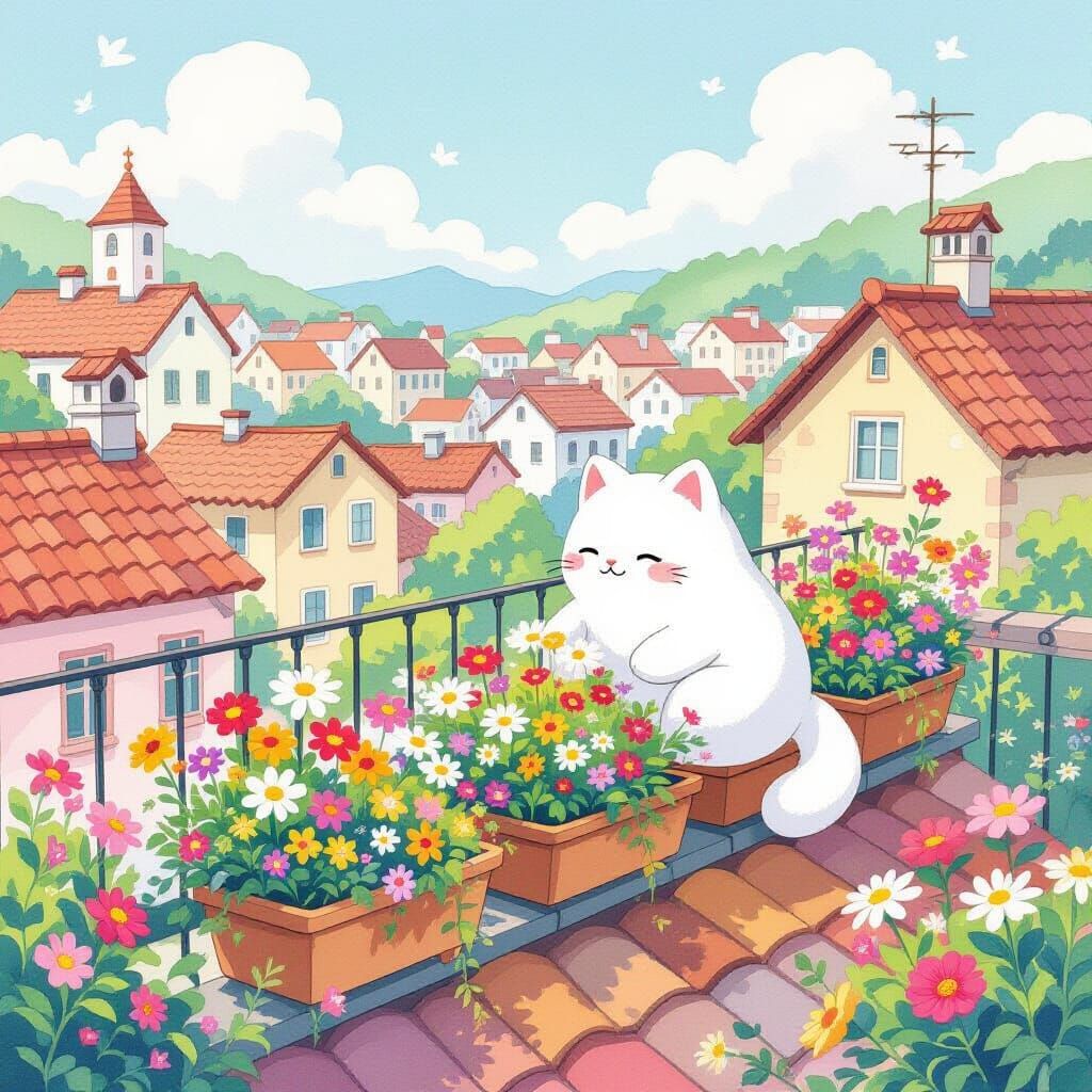 Whimsical Rooftop Garden with Cat Spirit in Pastel Town