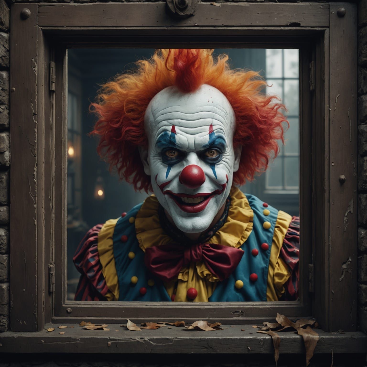 Spooky Clown Peering Through Window in Detailed Painting