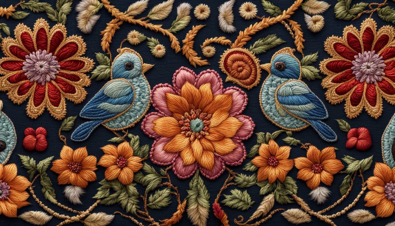 Intricate Embroidery Art of Flowers and Birds