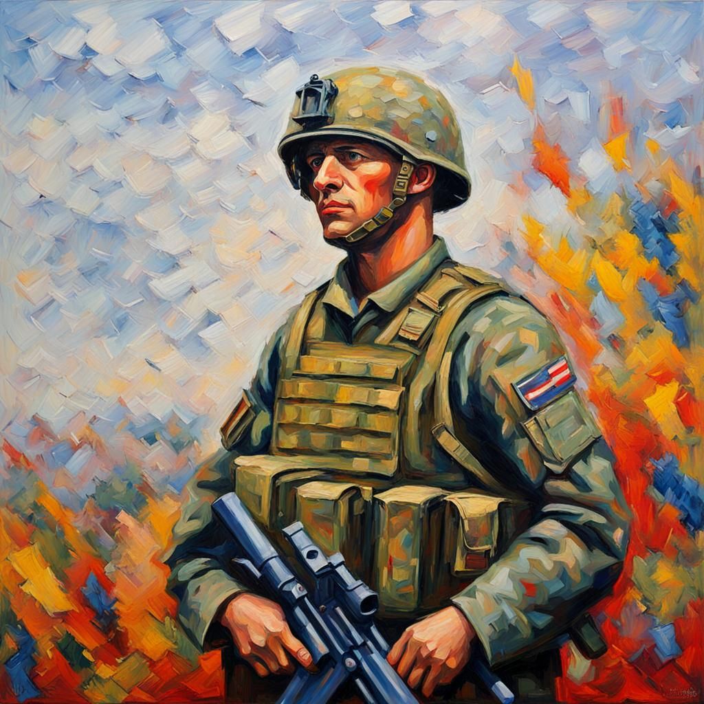 Military Scene in Expressionist Neo-Impressionism Style