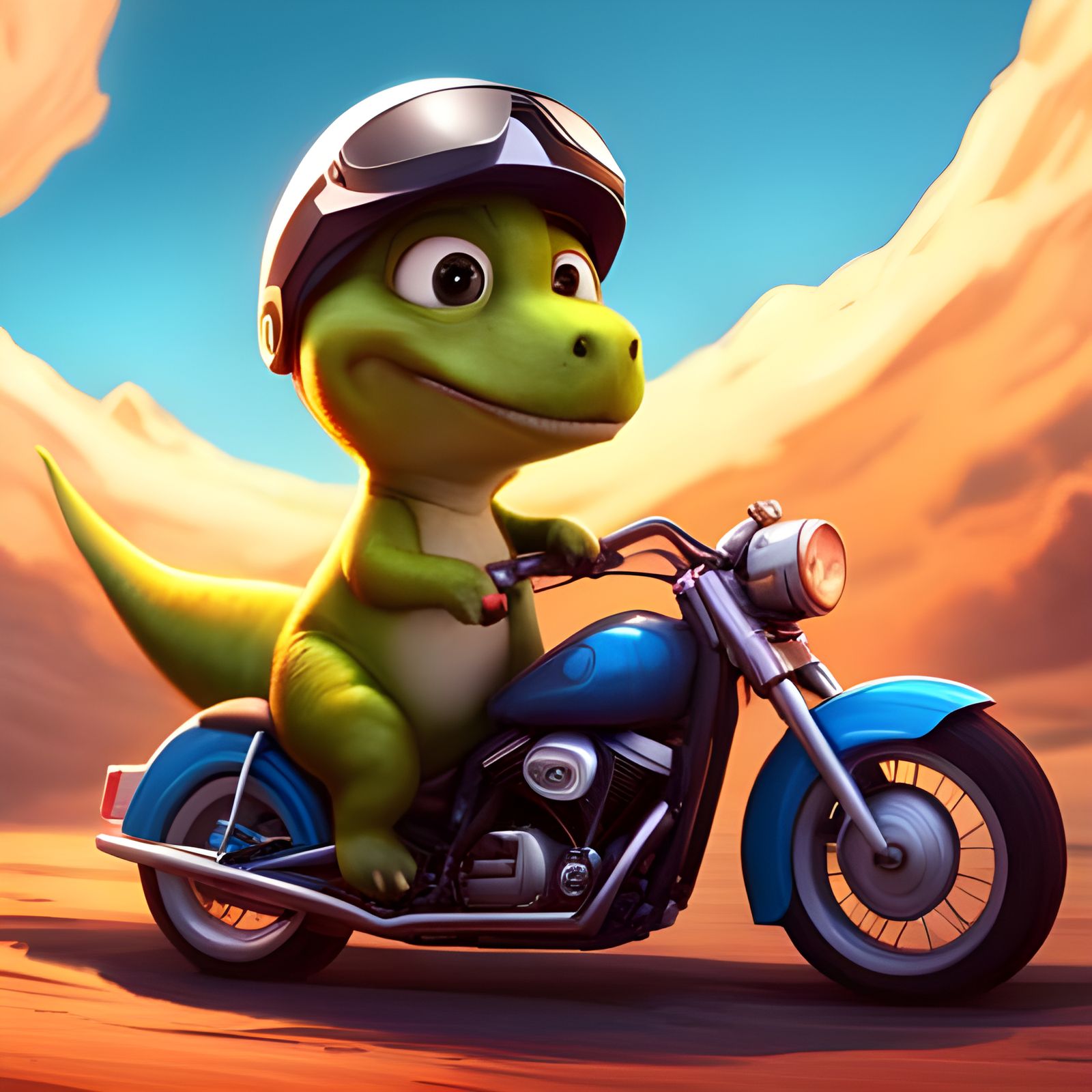 Chibi Dinosaur Rides Motorcycle: 3D Concept Art