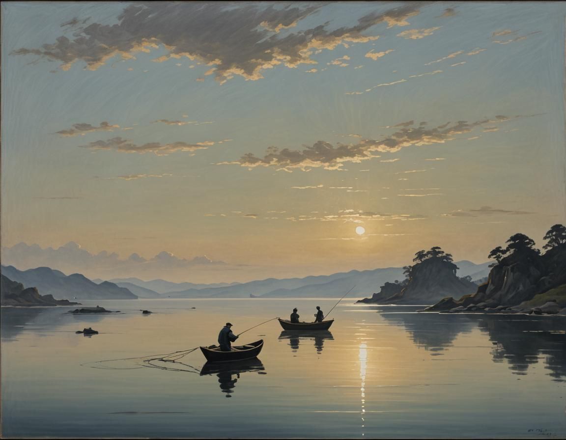 Impressionistic Painting of Fishermen at Sunset on Calm Bay