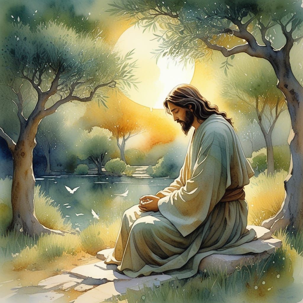 Peaceful Jesus in Serene Spiritual Landscape