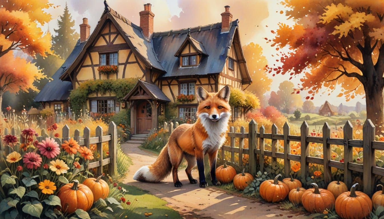 Watercolor Fox in Autumn Garden with Half-Timbered House