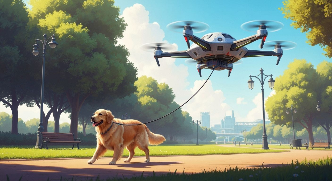 Futuristic Drone Walks Golden Retriever in Sunny Park