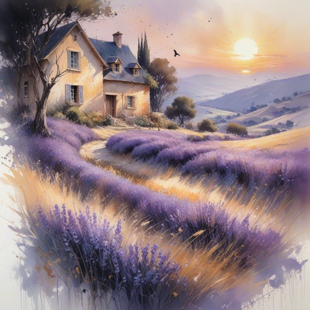 Golden Wheatfield at Sunset Neo-Impressionist Oil Painting