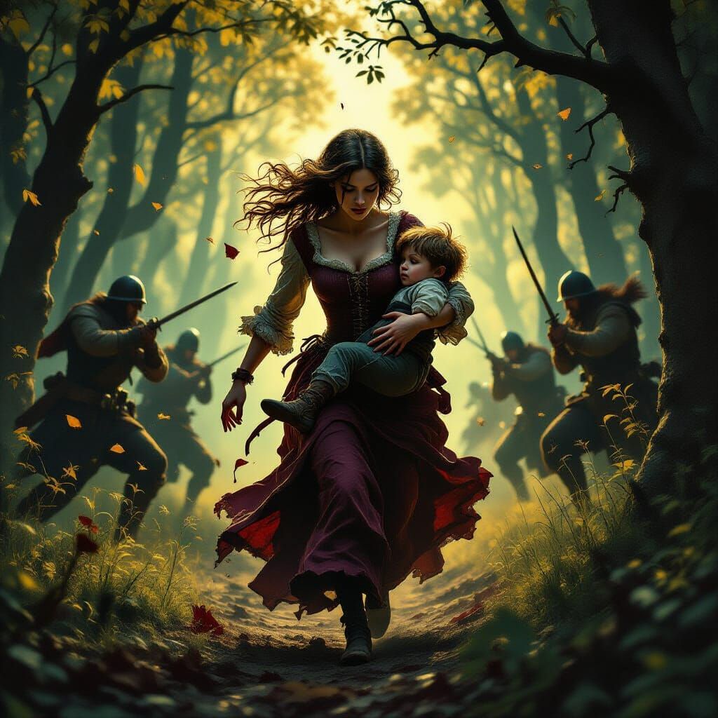 Noblewoman's Desperate Flight Through Mystical Forest