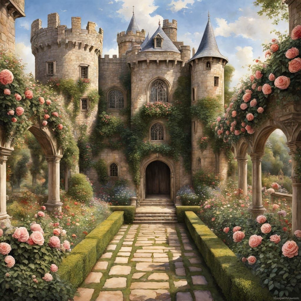 Medieval Castle in a Vibrant Rose Garden