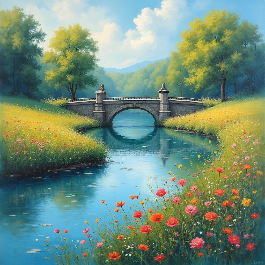 Vibrant River Scene in Expressive Gouache Style