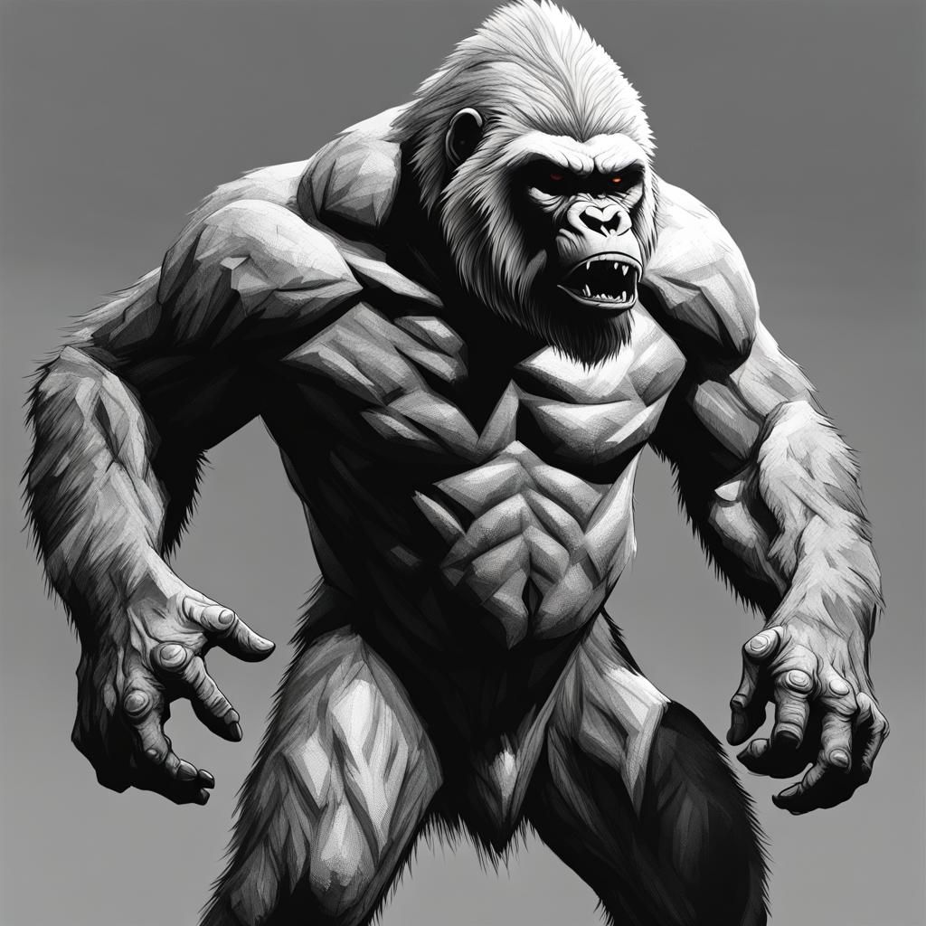 Albino Gorilla Black and White Dark Fantasy Drawing