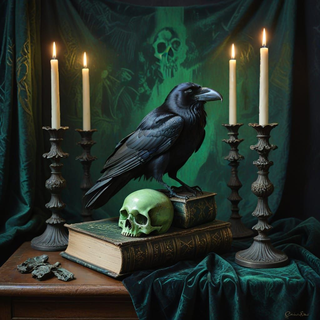 Raven on Skull with Ancient Tome, Expressive Oil Painting