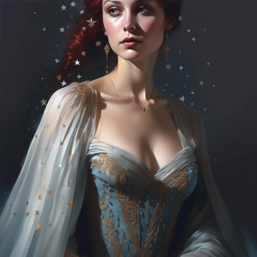 Woman in Starry Headscarf: Hyperrealistic Fantasy Portrait