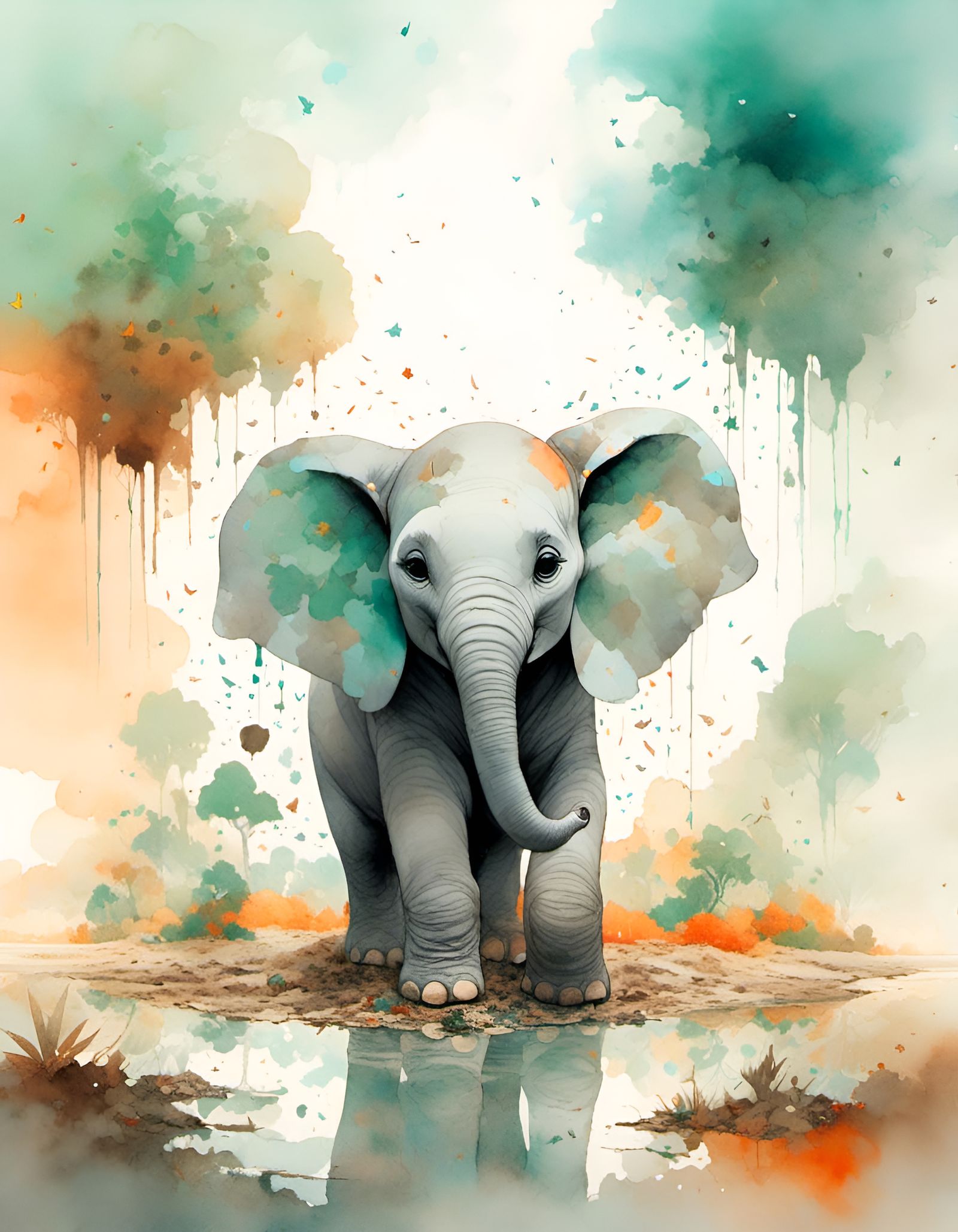 Watercolor Baby Elephant Playing in Mud