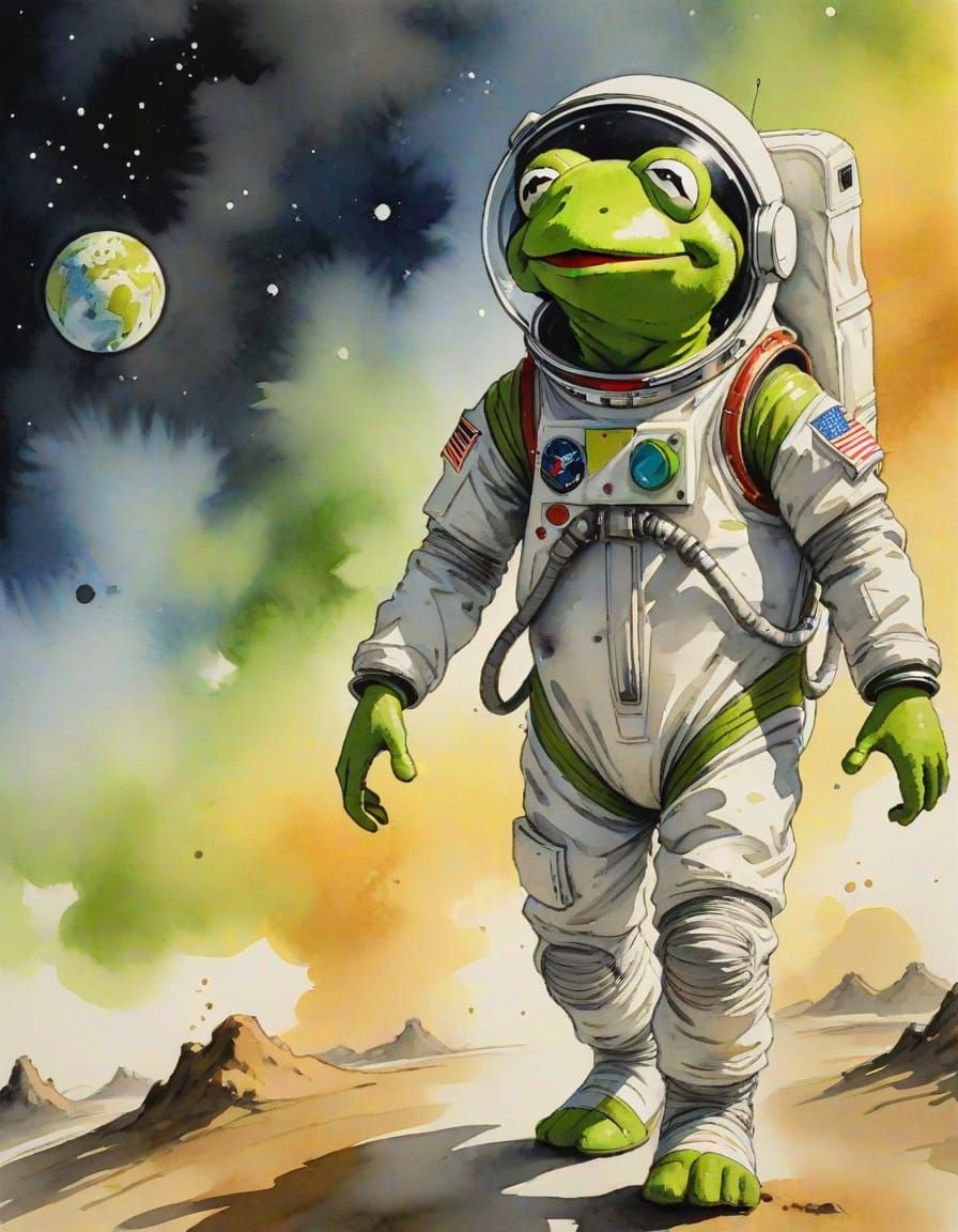 Kermit the Frog as Astronaut in Sumi-e Style
