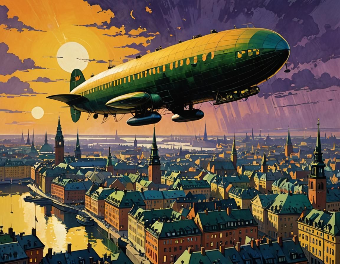 Zeppelin Over Stockholm at Sunset: 1950s Illustration