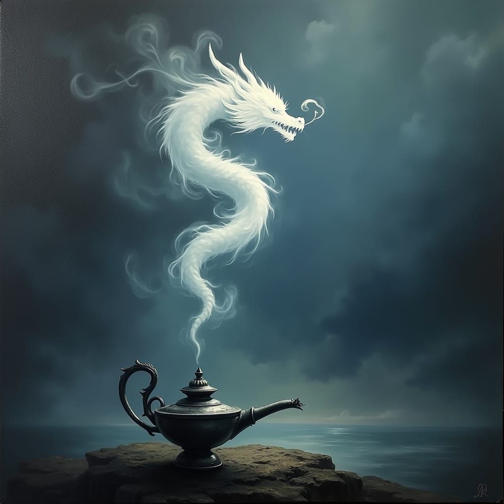 Ethereal Smoke Dragon Silhouette in a Stormy Sky