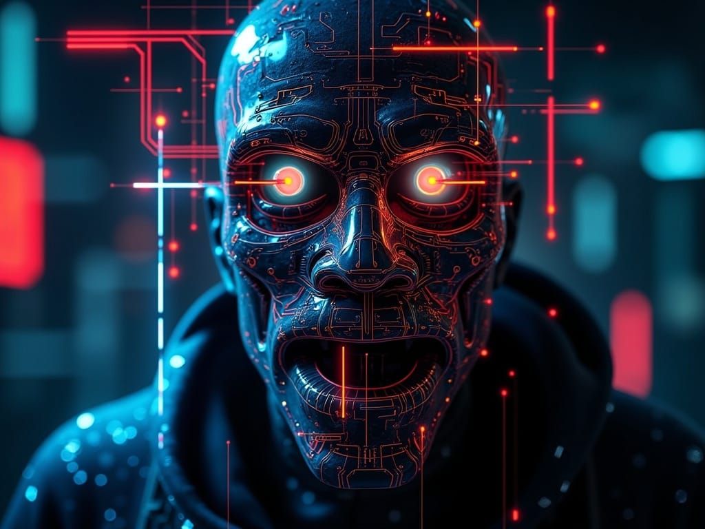 Glitching Cyberpunk AI Virus on Flickering Digital Screen