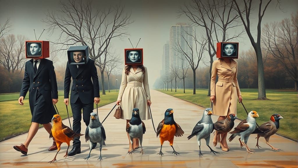 Surreal City Park Scene with Television Heads and Melting Oi...