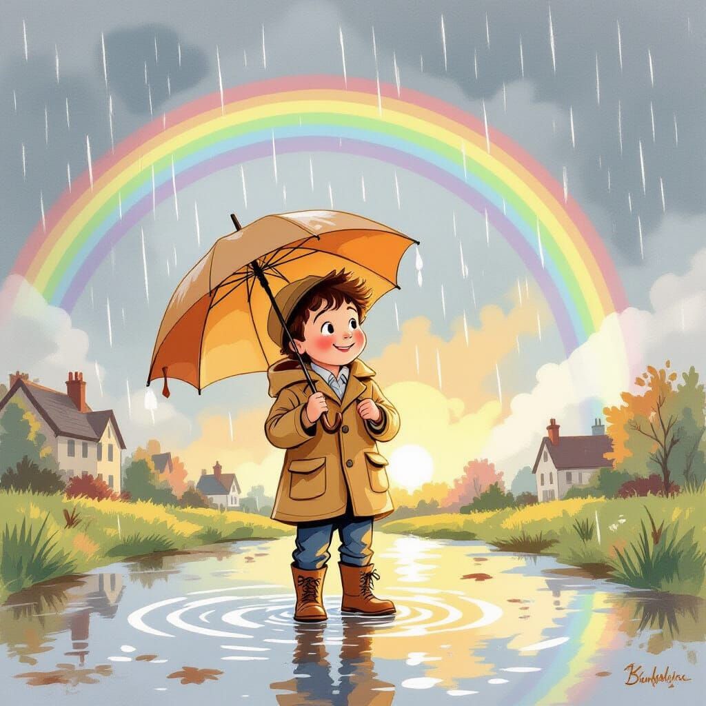 Joyful Boy with Umbrella in Rainy Day Rainbow