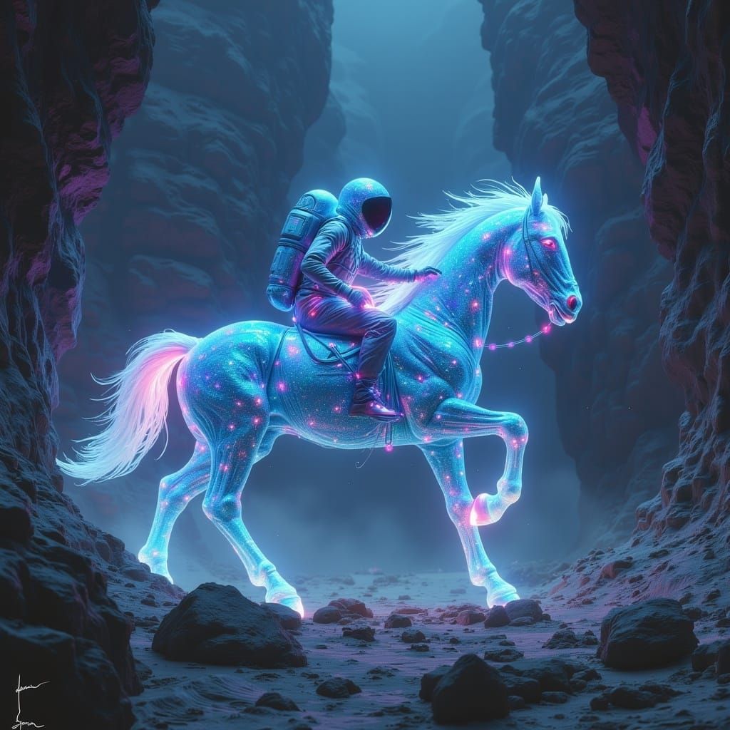 Astronaut Rides Space Horse in Sci-Fi Dreamscape