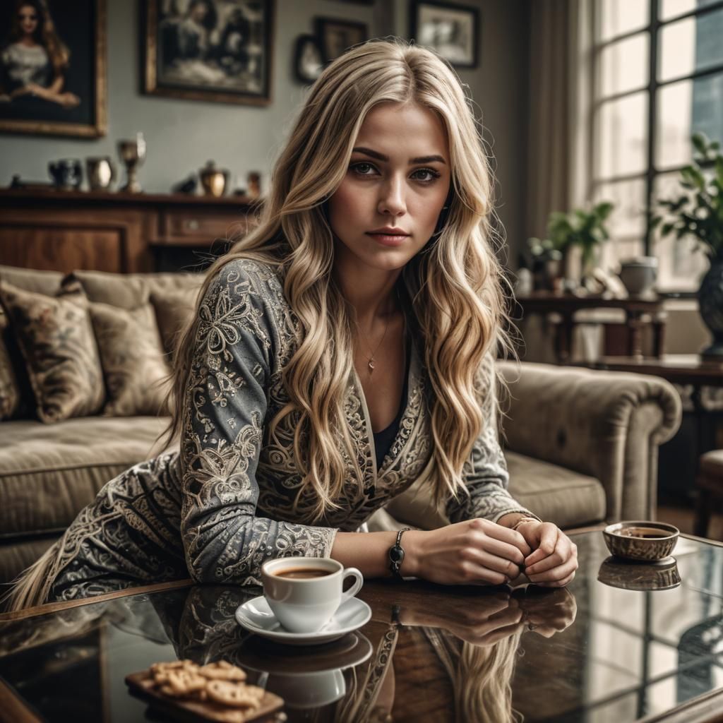 Hyperrealistic Blonde Woman on Coffee Table