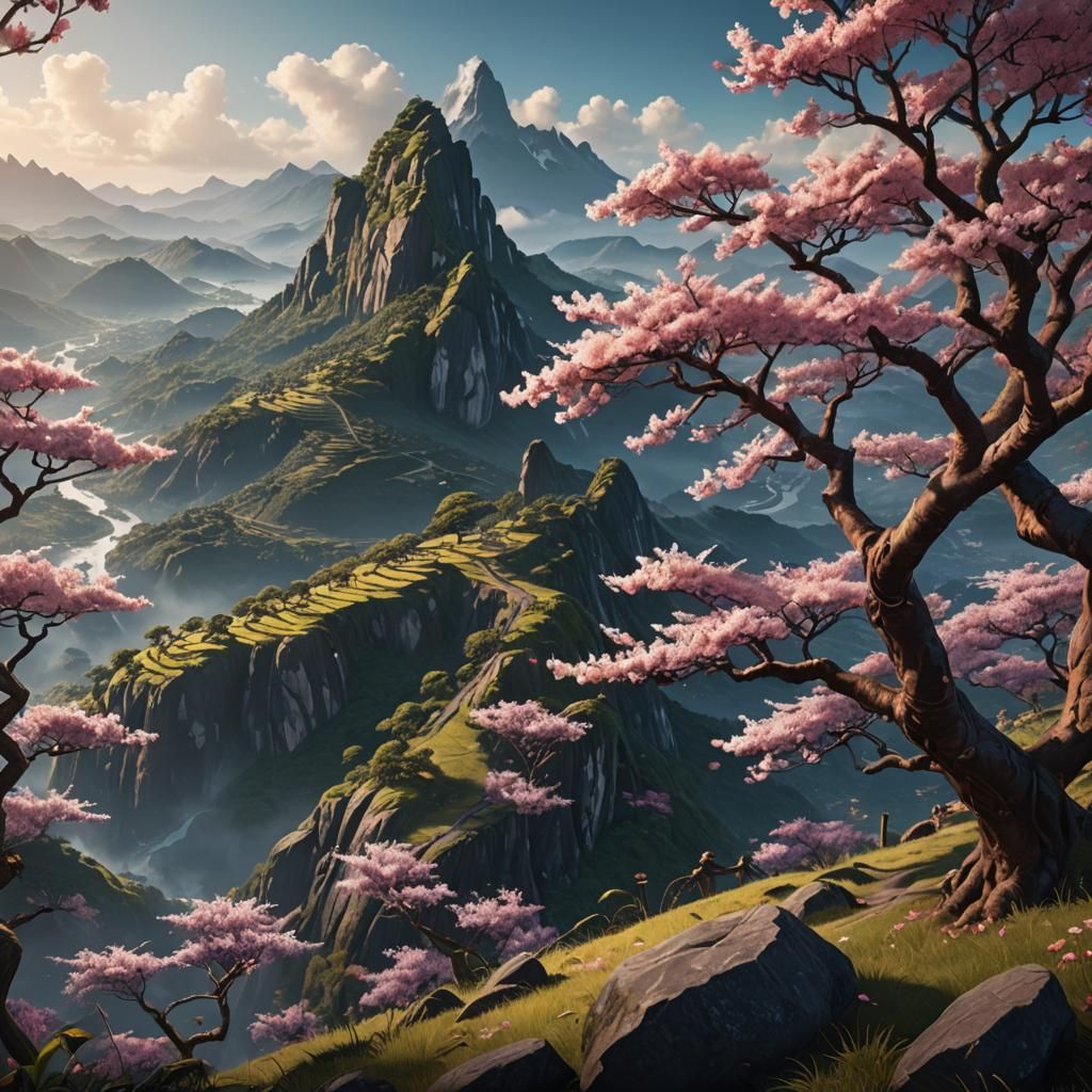 Brazilian Mountain Scenery with Cherry Tree in Detailed Matt...