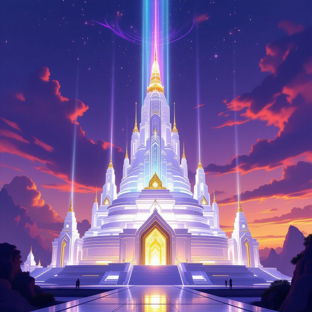 Futuristic Temple Soaring into Vibrant Dusk Sky