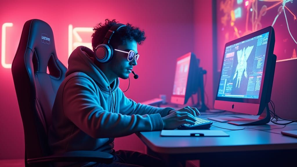 Synthwave Gamer in Neon Retro Environment