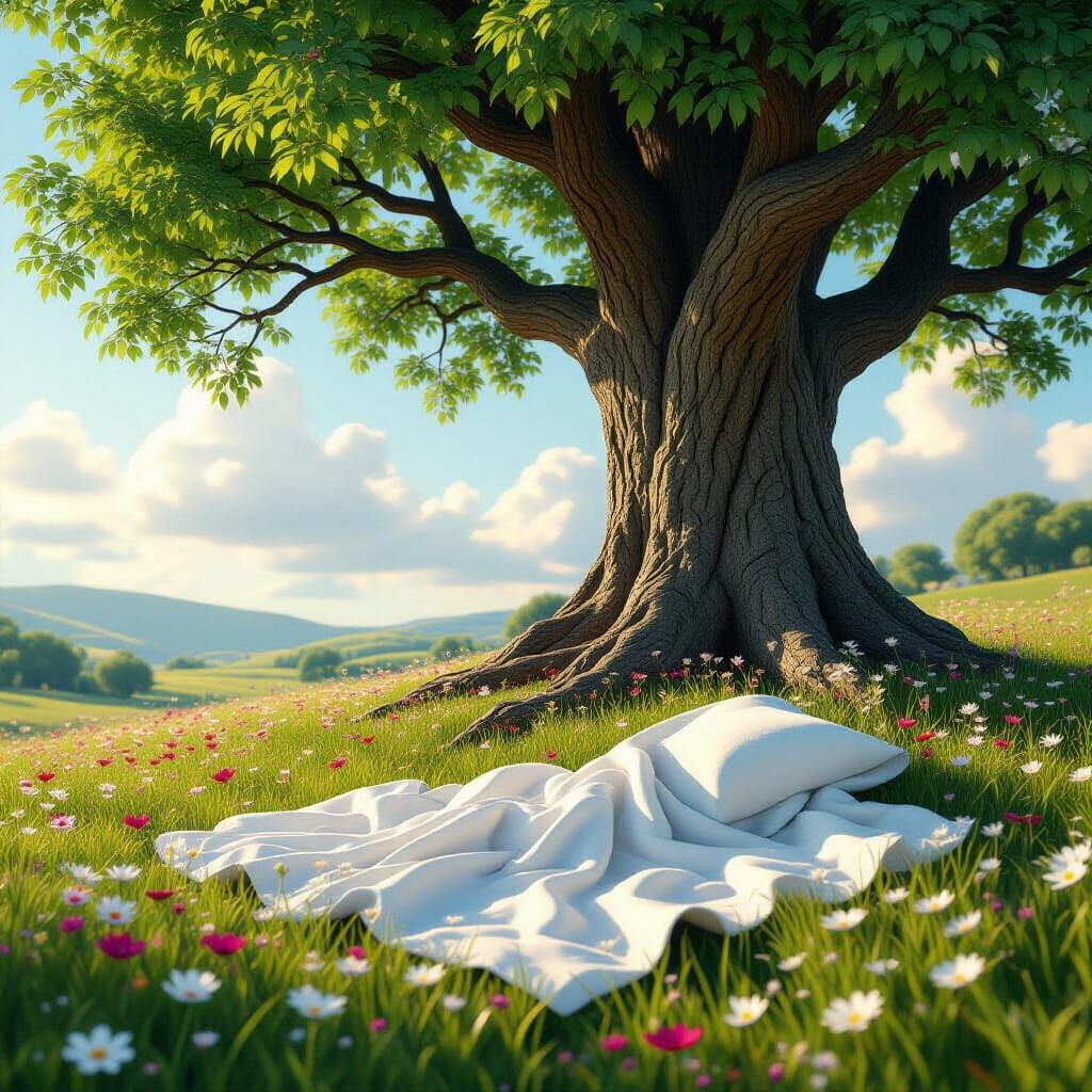 Fantasy Meadow with Flowers Under Tree