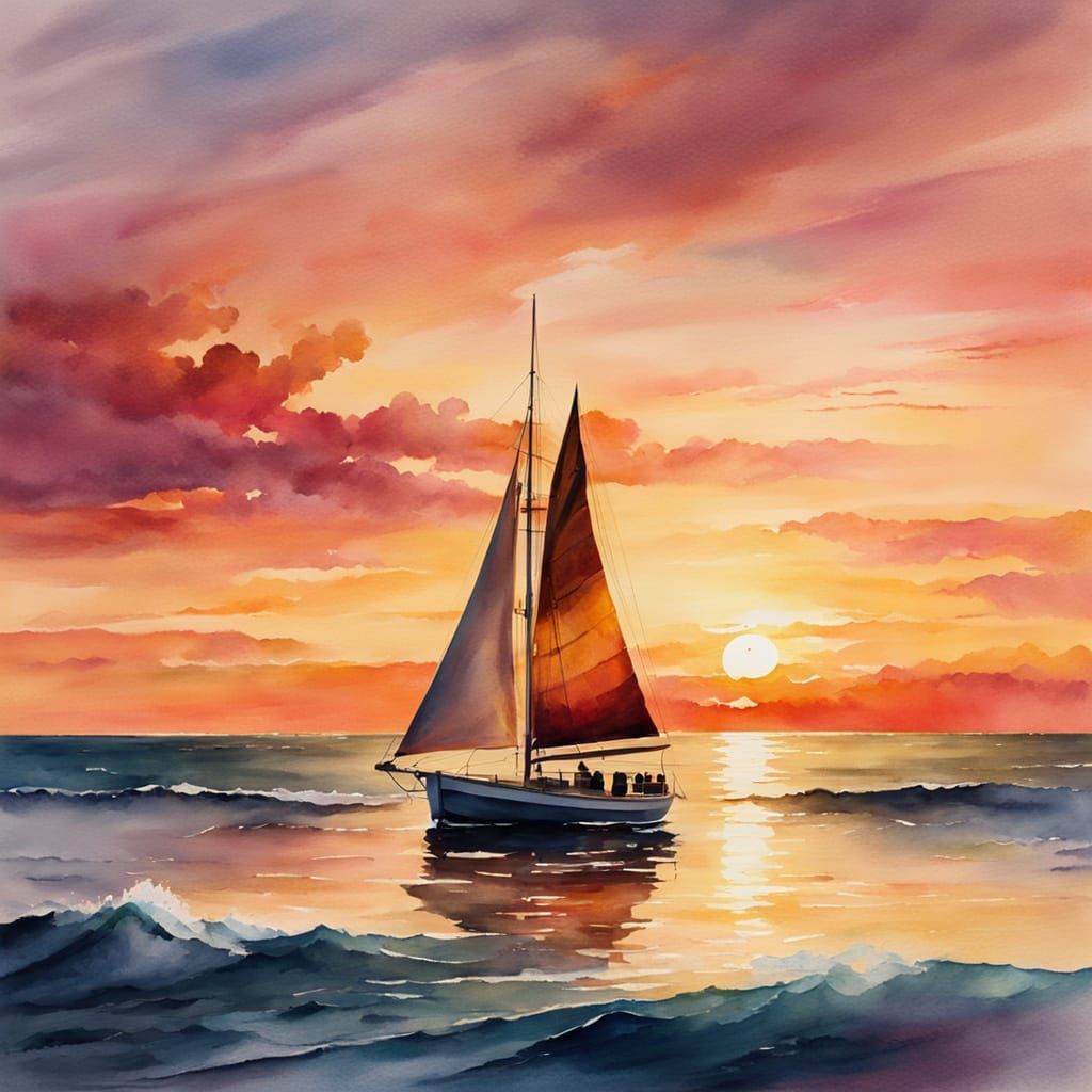 Wooden Sailboat at Sunset: Watercolour Impressionism