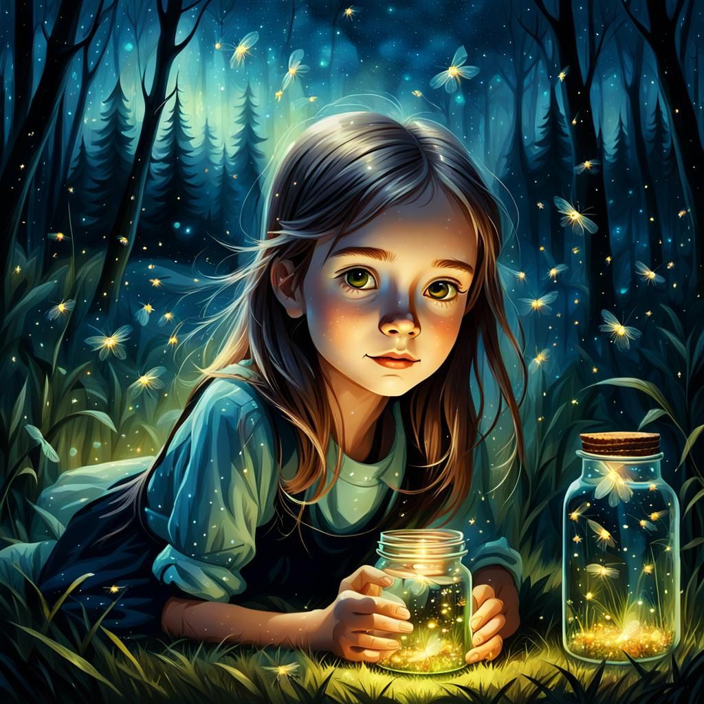 Charming Girl with Fireflies in Magical Forest Oil Painting