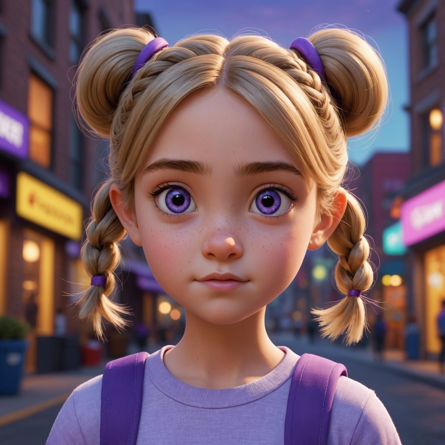 Pixar-Style Girl with Purple Eyes in 3D Digital Art