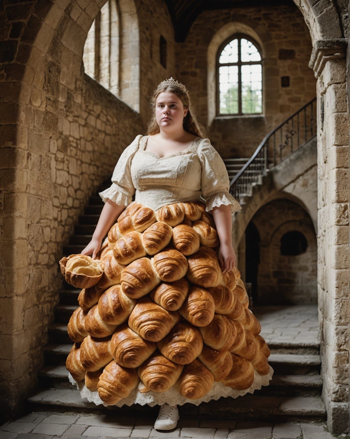 French Girl in Croissant Gown at Castle