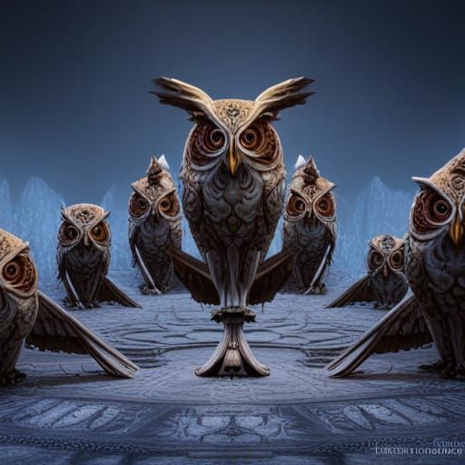 Council of Owls: Detailed Matte Painting in 8k