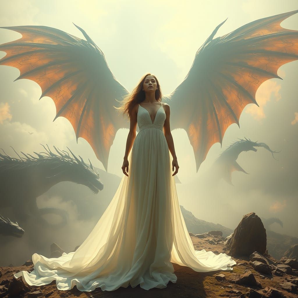 Woman Projects Consciousness Among Dragons in Surreal Style