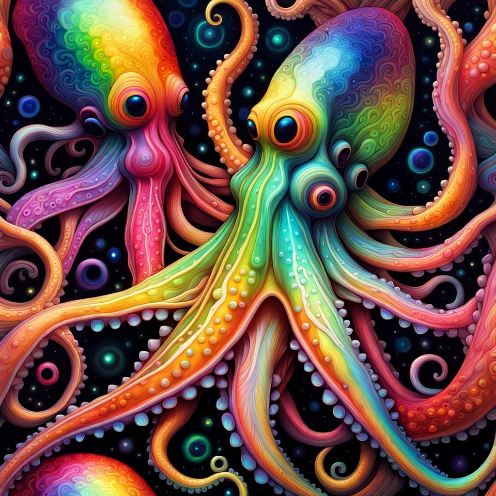 Iridescent Cosmic Squid in Neon Rainbow