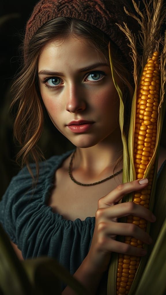 Farm Maiden Harvesting Corn as Detailed Matte Painting