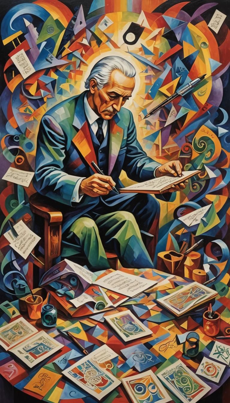 Cubist Surrealist Hand Writing Fate in Rainbow Colors