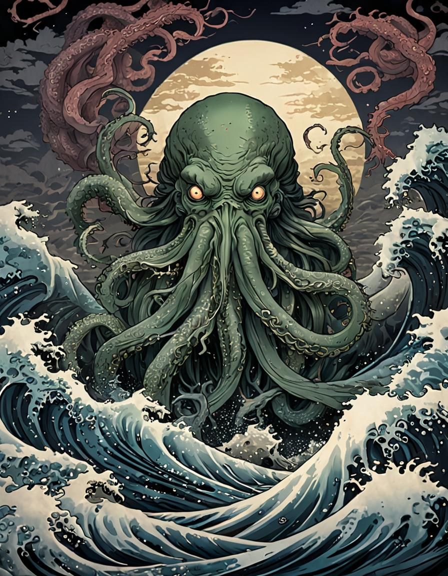 Majestic Cthulhu in Traditional Ukiyo-e Style