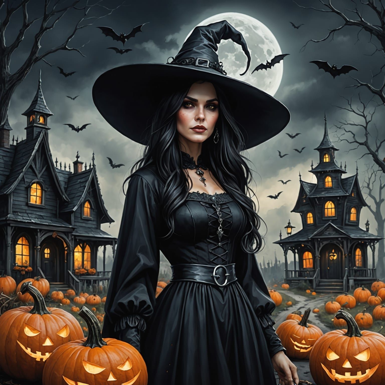 Watercolor Witch with Halloween Hat in Matte Painting