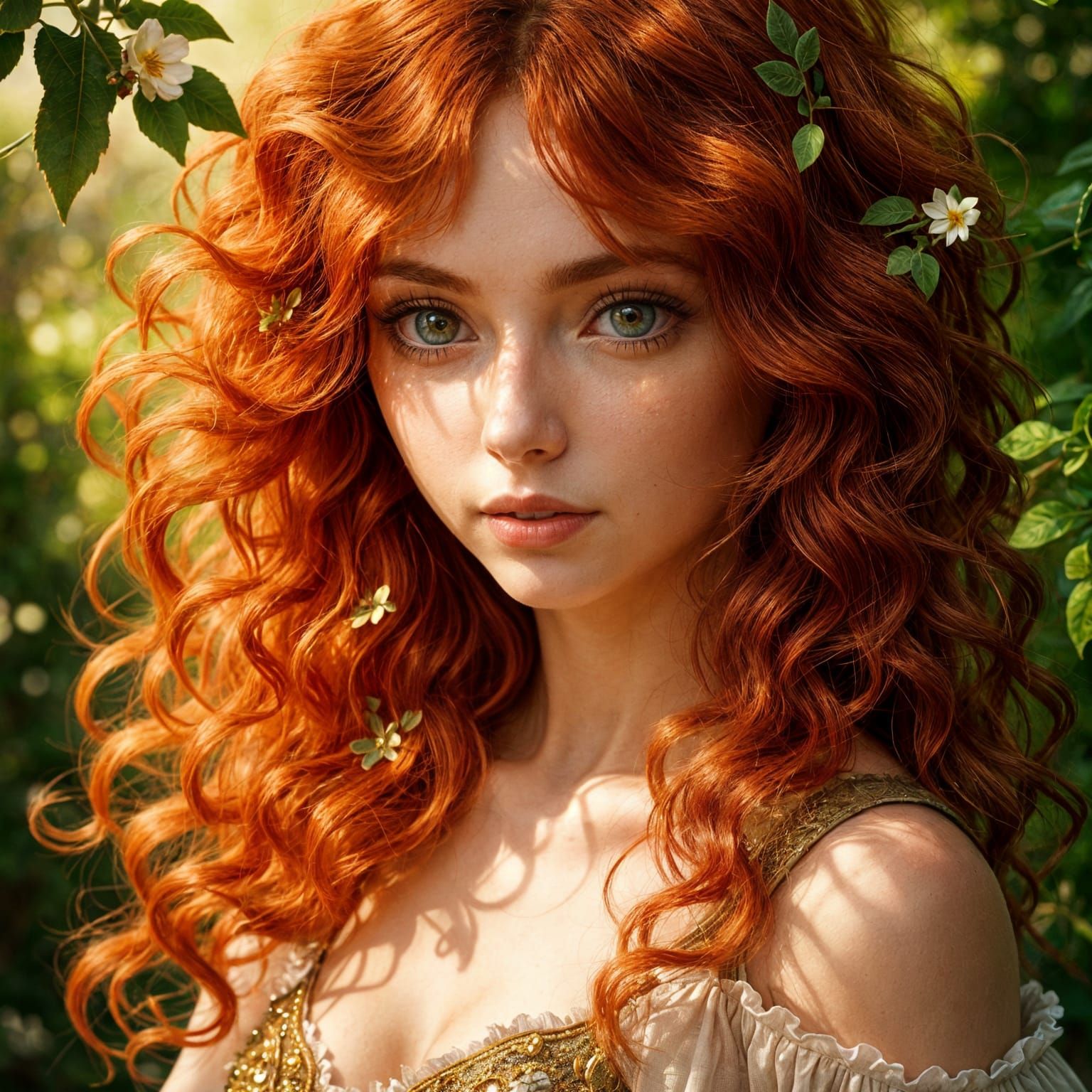 Hyperrealistic Portrait of a Red-Headed Woman with Golden Ey...