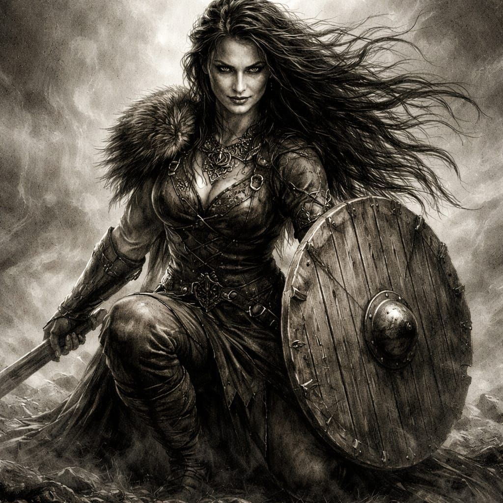 Norse Goddess Hlín in Moody Charcoal Sketch Style