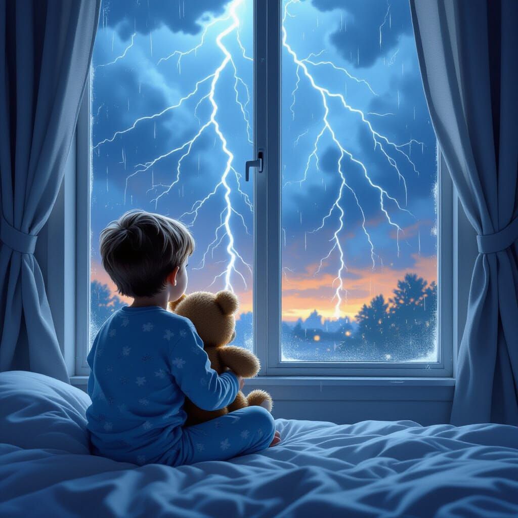 Boy Gazing at Storm with Teddy Bear, Comic Book Style