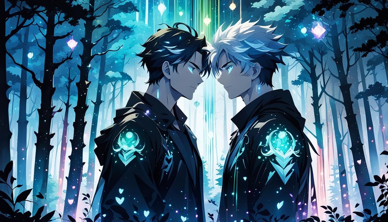 Gay Couple Anime Style in Bioluminescent Forest