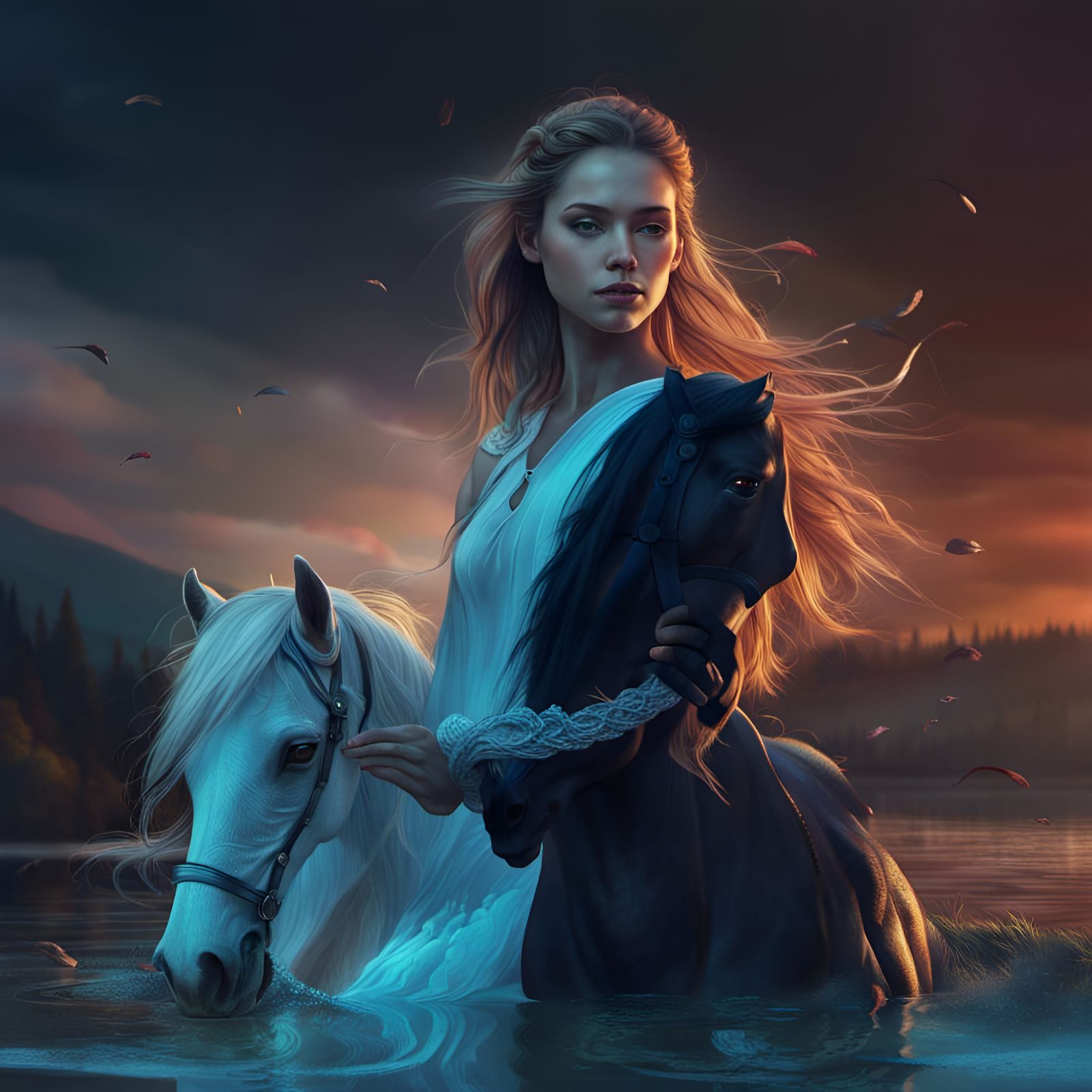 Medieval Horse Girl in Autumn Lake: Hyperrealistic Photo
