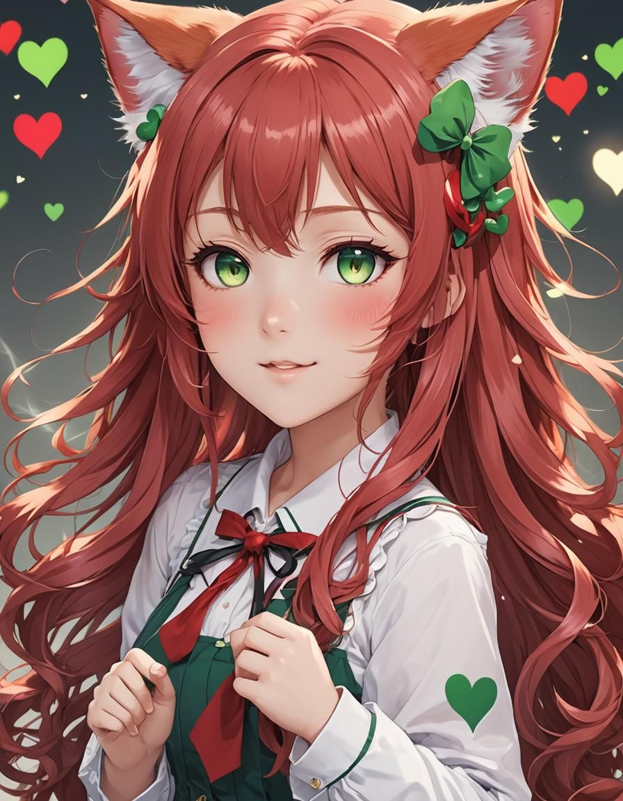 Anime Nekomimi Girl with Red Hair and Green Eyes